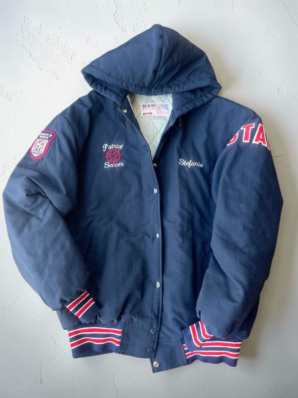 Vintage USA Varsity Soccer Jacket Womens M Hooded Snap Front Patriot Soccer